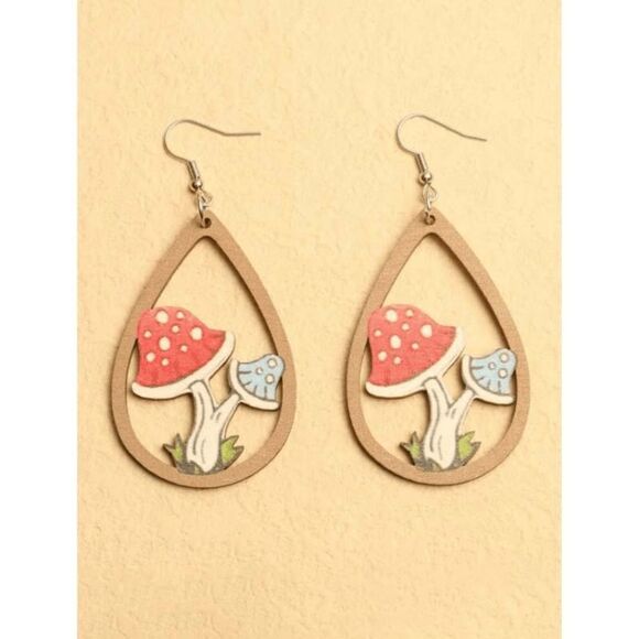 Wooden Mushroom Drop Dangle Earrings - Picture 2 of 6